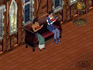 Mr Mortimer and Bella Goth of Simkeep studying in their library.